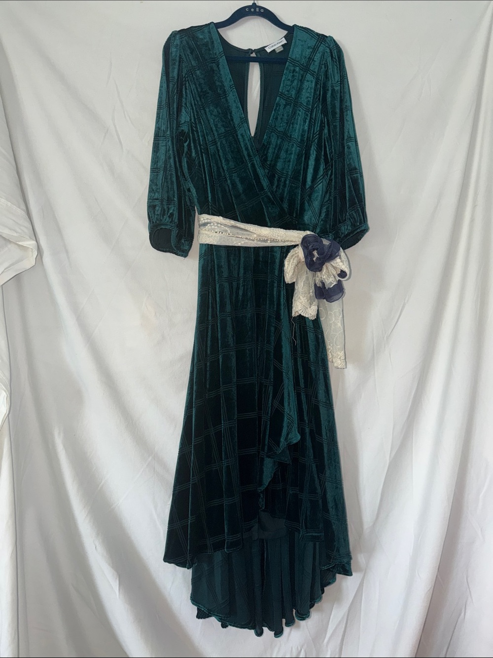 Calvin Klein Emerald  Green Velvet High-Low Wrap Dress with Lace Sash
